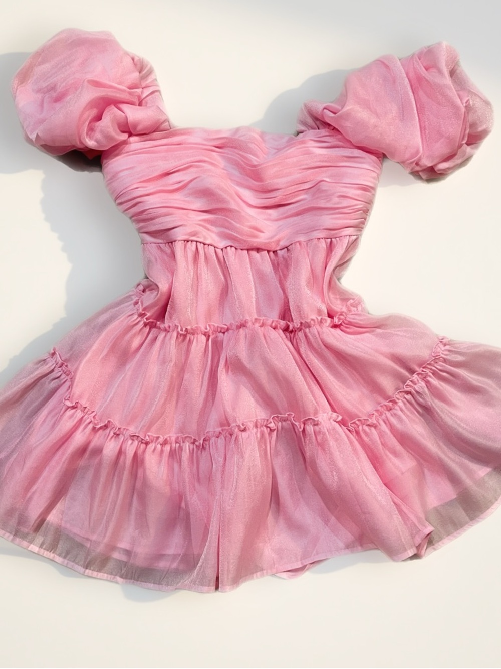 Main Strip Bubblegum Pink Puff-Sleeve Tiered Mini Babydoll Dress Size Medium